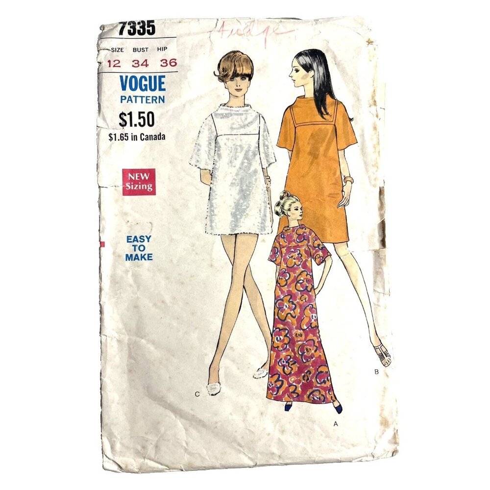 Vogue 7335 Dress Loose Fitting A-line Front Back Yoke Standing Neckline Bust 34